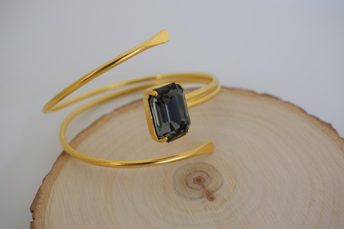 andmade Axon bracelet, Greek hammered jewelry in 18K gold or silver plated featuring a single Swarovski crystal on a sculptural open cuff.