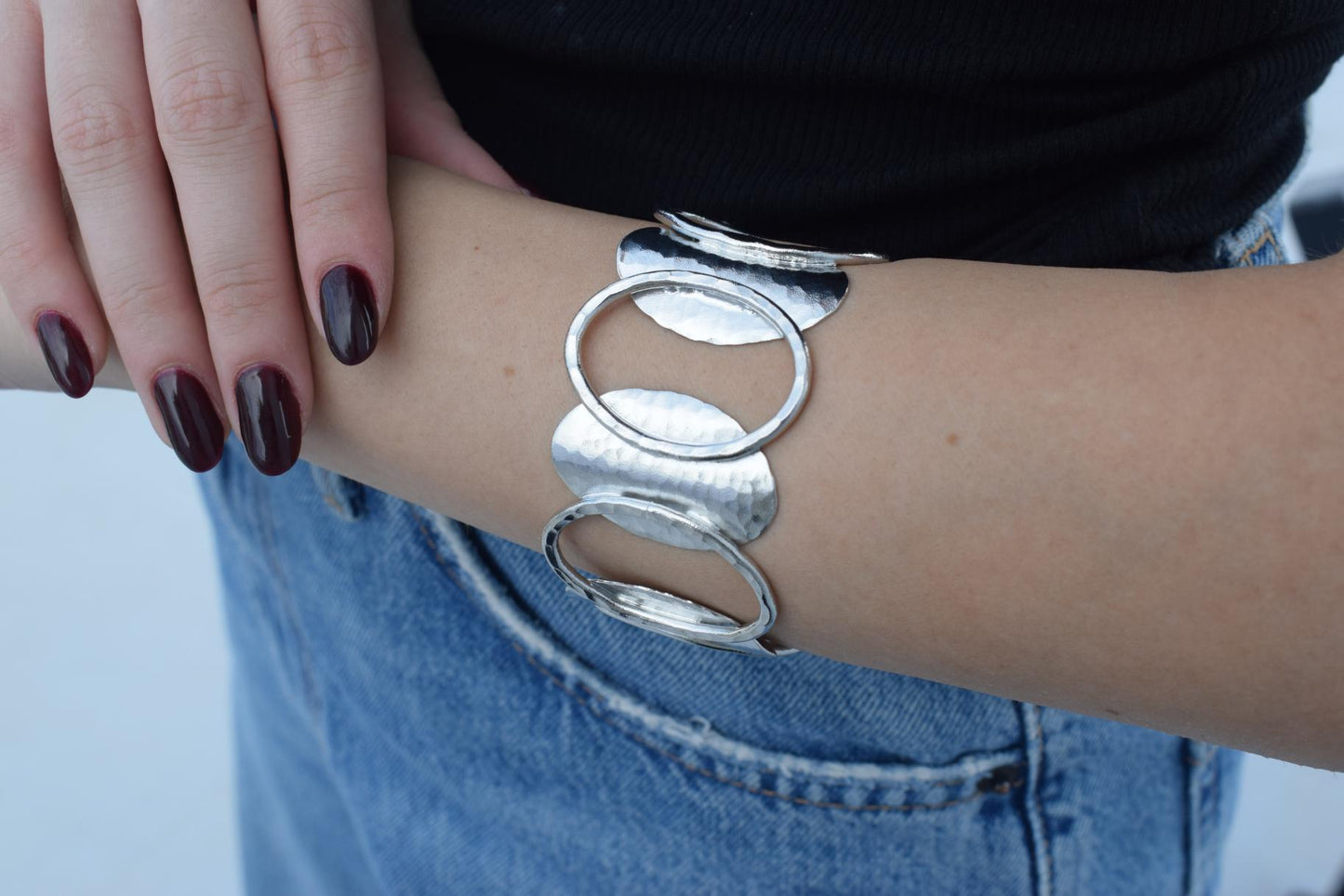 Handmade Andromeda bracelet, Greek hammered jewelry in 18K gold or silver plated with interlocking sculptural oval elements.