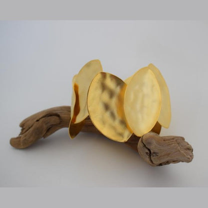 Handmade Nymphe bracelet, Greek hammered jewelry in 18K gold or silver plated with layered sculptural oval forms.