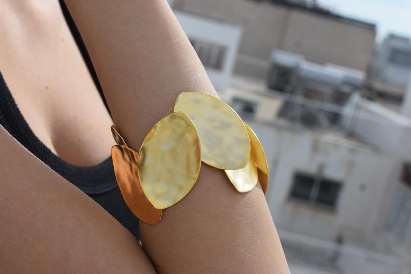 Handmade Nymphe bracelet, Greek hammered jewelry in 18K gold or silver plated with layered sculptural oval forms.