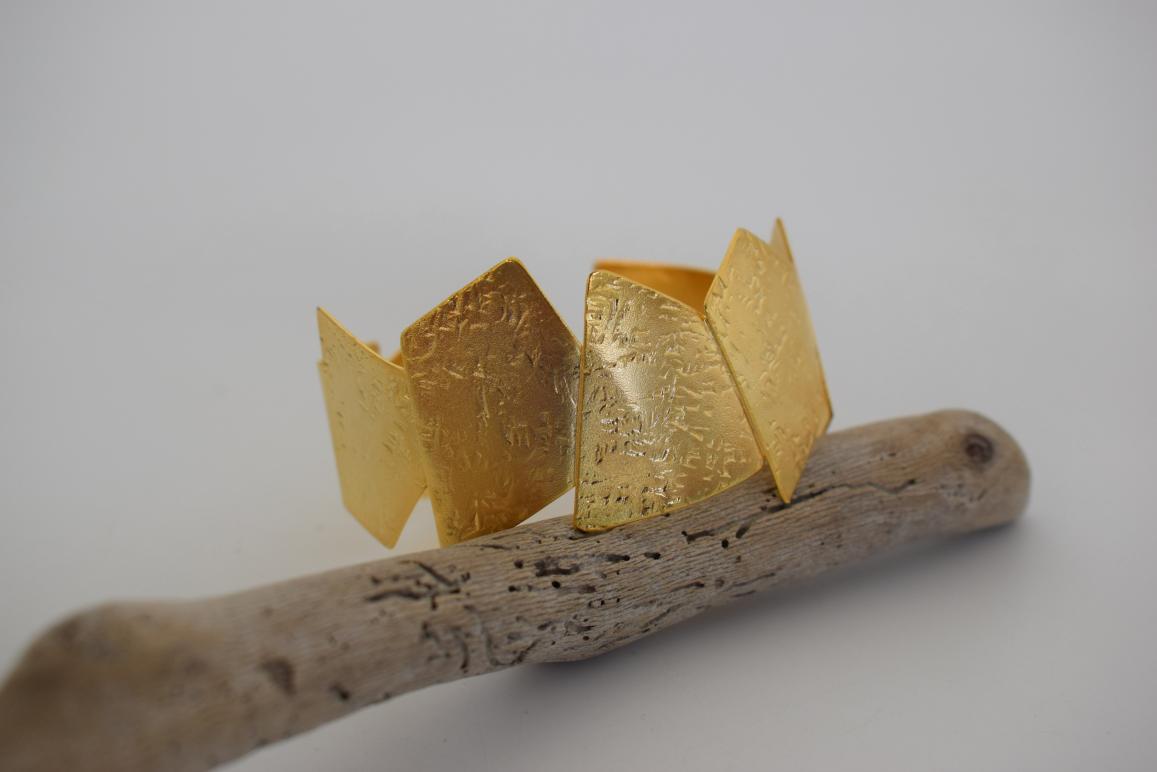 Handmade Meteora bracelet, Greek hammered jewelry in 18K gold or silver plated with angular sculptural geometric plates.