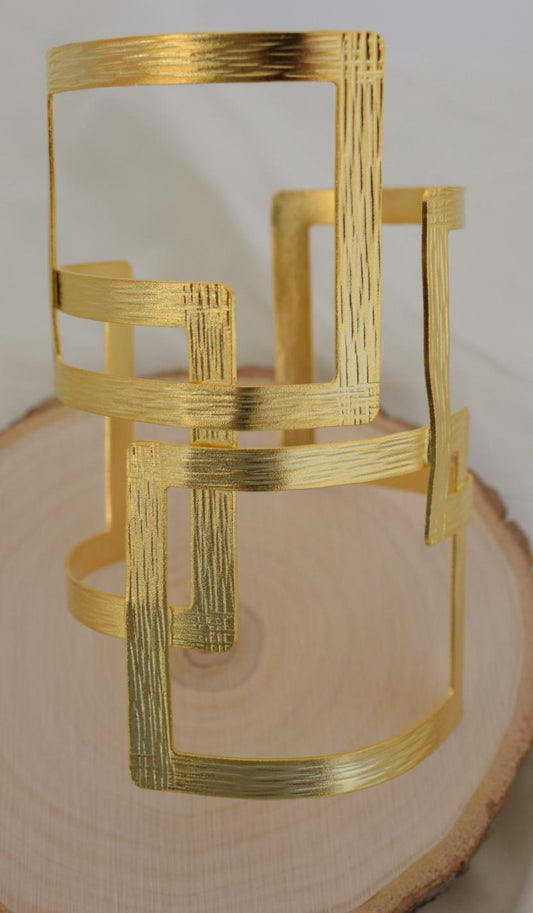 Kronos bracelet, handmade Greek hammered jewelry in 18K gold or silver plated finish, sculptural open geometric cuff.