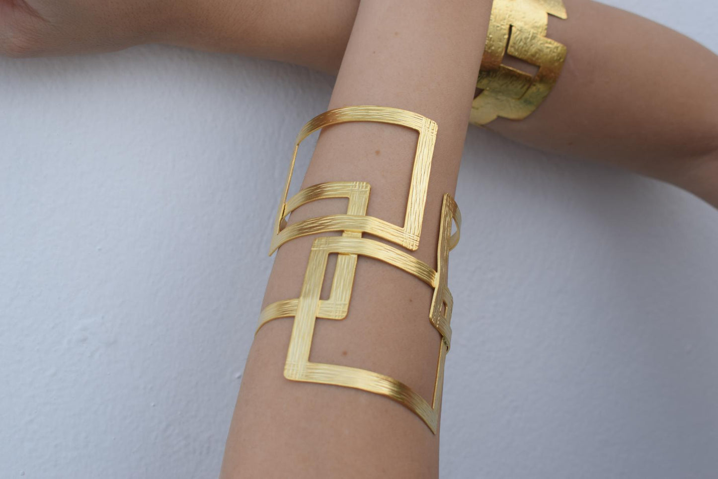 Kronos bracelet, handmade Greek hammered jewelry in 18K gold or silver plated finish, sculptural open geometric cuff.