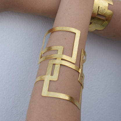 Kronos bracelet, handmade Greek hammered jewelry in 18K gold or silver plated finish, sculptural open geometric cuff.