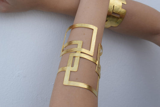 Kronos bracelet, handmade Greek hammered jewelry in 18K gold or silver plated finish, sculptural open geometric cuff.