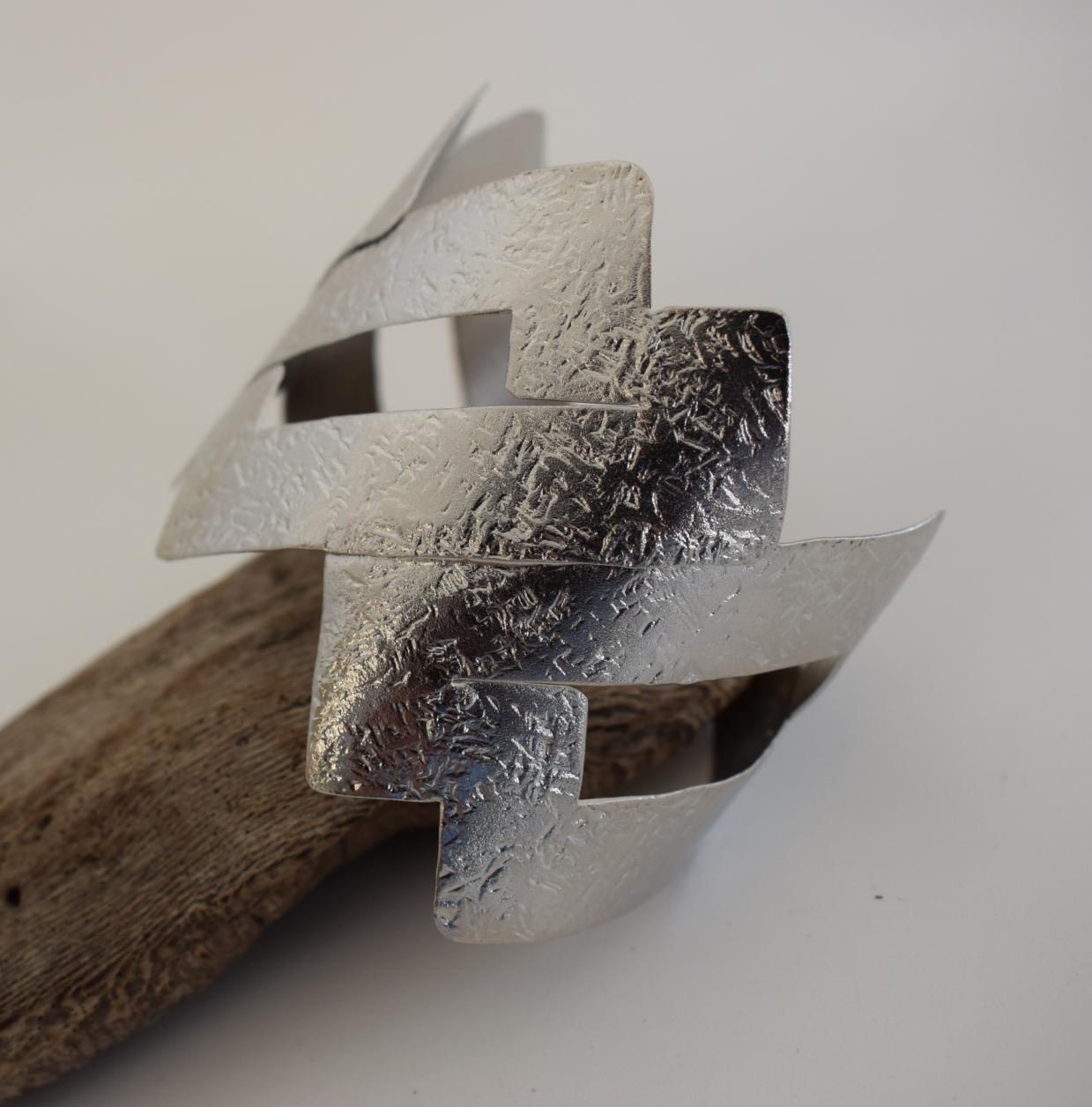 Handmade Isthmus2 bracelet, Greek hammered jewelry in 18K gold or silver plated with layered interlocking geometric bands.