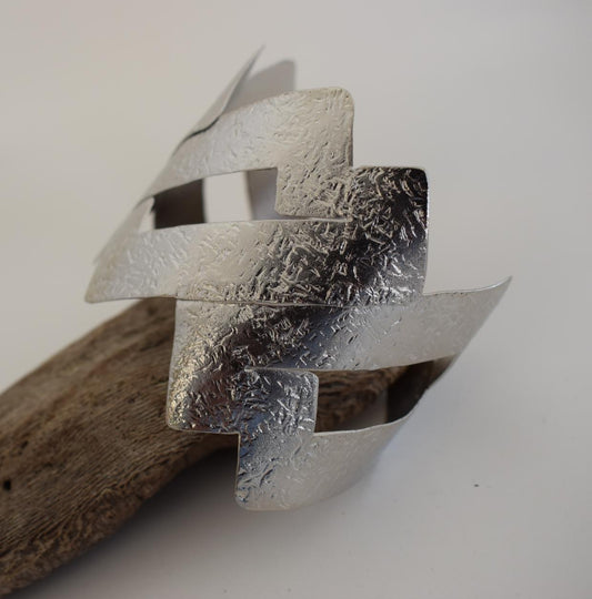 Handmade Isthmus2 bracelet, Greek hammered jewelry in 18K gold or silver plated with layered interlocking geometric bands.