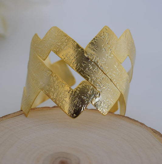 Handmade Isthmus2 bracelet, Greek hammered jewelry in 18K gold or silver plated with layered interlocking geometric bands.