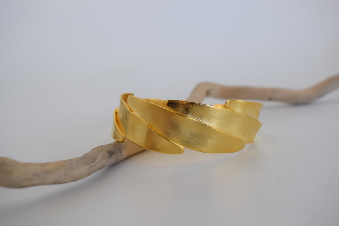 Elaia 2 bracelet, handmade Greek hammered jewelry, sculptural wrapped design, available in 18K gold or silver plated.