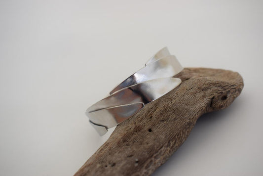 Elaia 2 bracelet, handmade Greek hammered jewelry, sculptural wrapped design, available in 18K gold or silver plated.