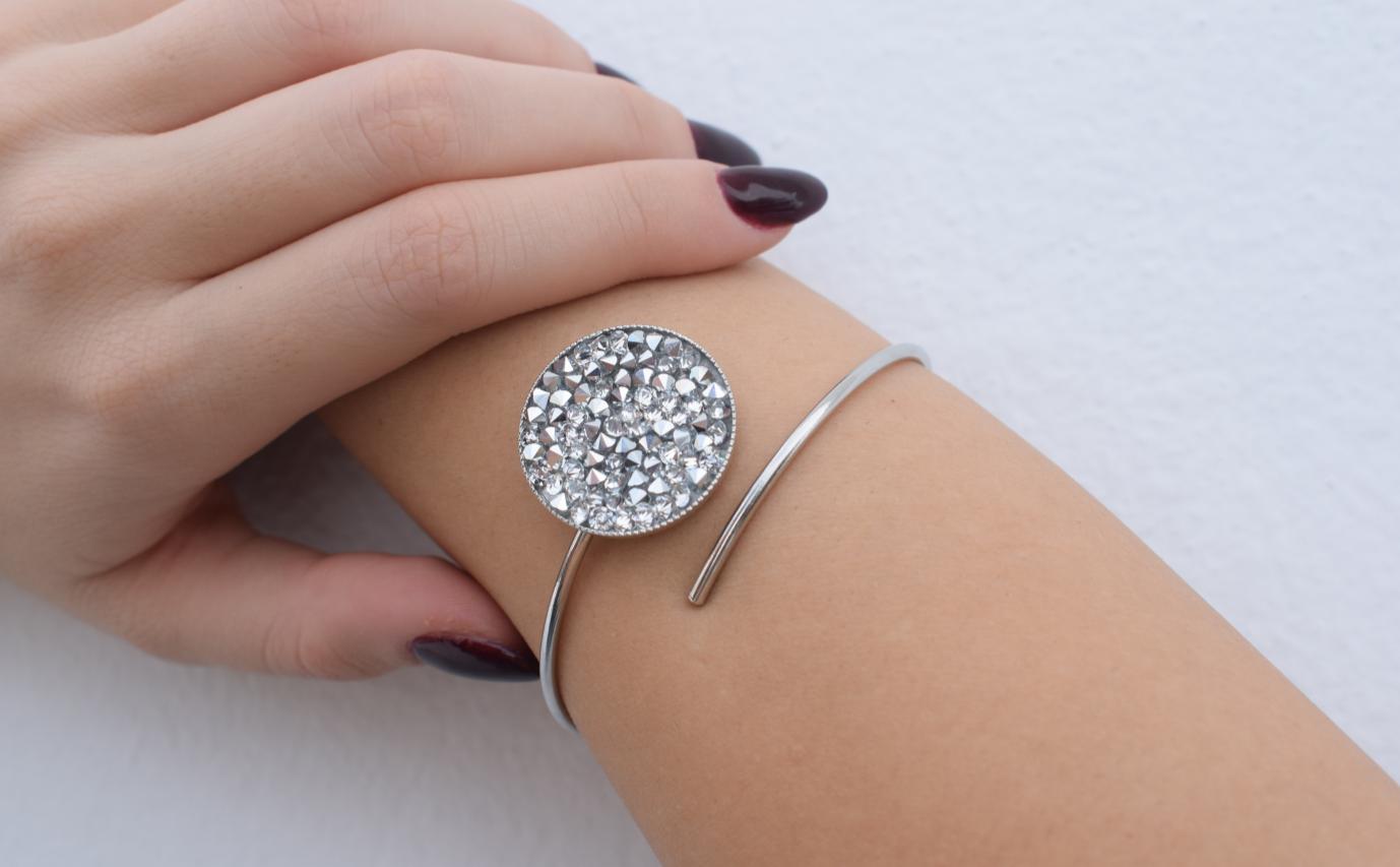 Galaxia 3 bracelet, handmade Greek hammered jewelry with Swarovski crystals, available in 18K gold or silver plated.