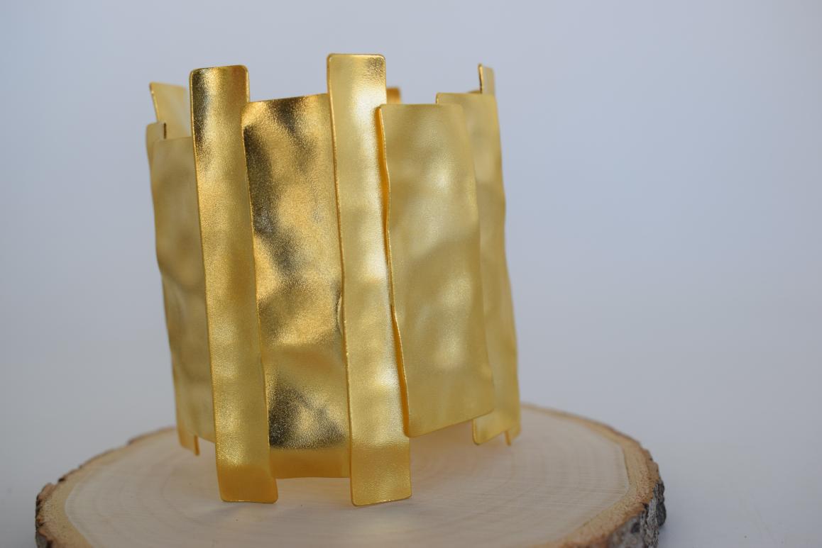 Handmade Mosaic bracelet, Greek hammered jewelry in 18K gold or silver plated with layered geometric sculptural panels.