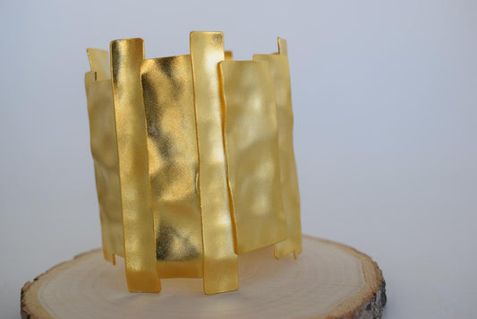 Handmade Mosaic bracelet, Greek hammered jewelry in 18K gold or silver plated with layered geometric sculptural panels.