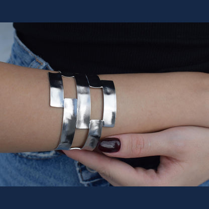 Handmade Chryseon bracelet, Greek hammered jewelry in 18K gold or silver plated with interwoven geometric openwork design.