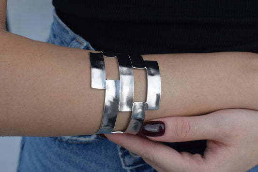 Handmade Chryseon bracelet, Greek hammered jewelry in 18K gold or silver plated with interwoven geometric openwork design.