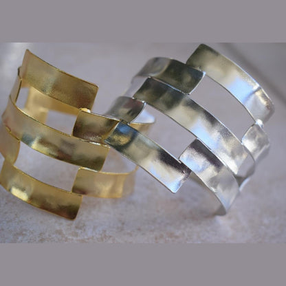 Handmade Chryseon bracelet, Greek hammered jewelry in 18K gold or silver plated with interwoven geometric openwork design.