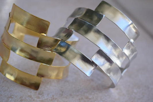 Handmade Chryseon bracelet, Greek hammered jewelry in 18K gold or silver plated with interwoven geometric openwork design.