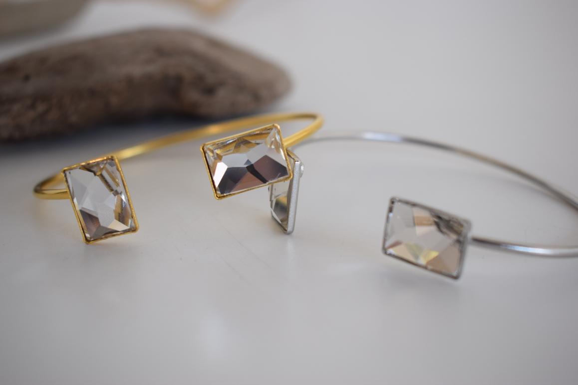 Handmade Ariadne bracelet, Greek hammered jewelry in 18K gold or silver plated with two geometric Swarovski crystals.
