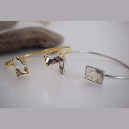 Handmade Ariadne bracelet, Greek hammered jewelry in 18K gold or silver plated with two geometric  crystals.