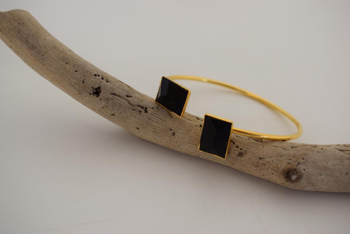 Handmade Ariadne bracelet, Greek hammered jewelry in 18K gold or silver plated with two geometric Swarovski crystals.