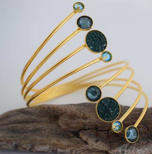 Handmade Seleni bracelet, Greek hammered jewelry in 18K gold or silver plated with multiple Swarovski crystal elements.