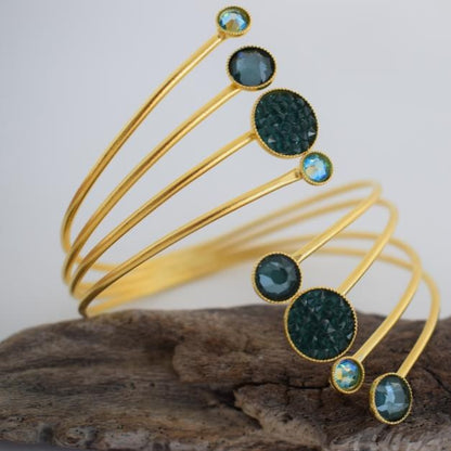 Handmade Seleni bracelet, Greek hammered jewelry in 18K gold or silver plated with multiple crystal elements.
