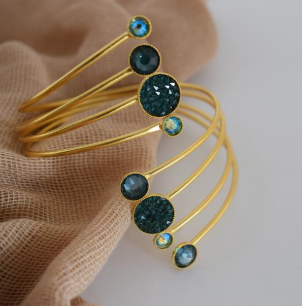 Handmade Seleni bracelet, Greek hammered jewelry in 18K gold or silver plated with multiple Swarovski crystal elements.