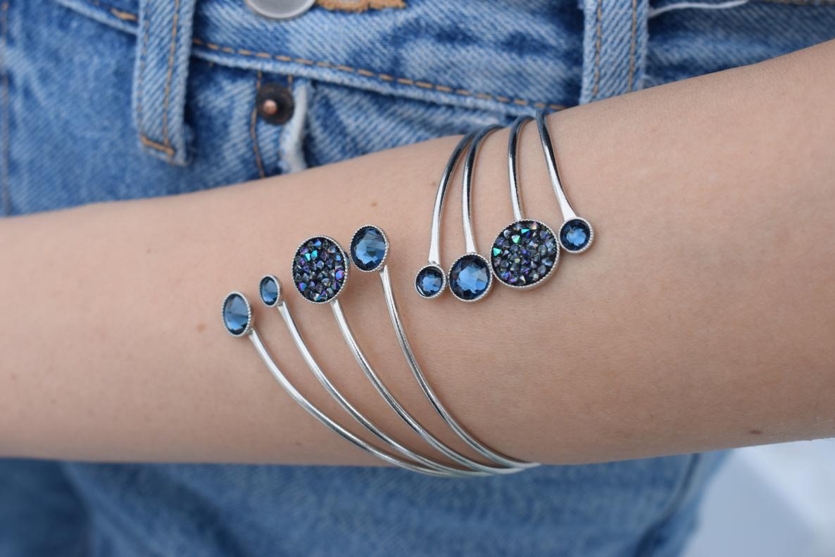 Handmade Seleni bracelet, Greek hammered jewelry in 18K gold or silver plated with multiple Swarovski crystal elements.