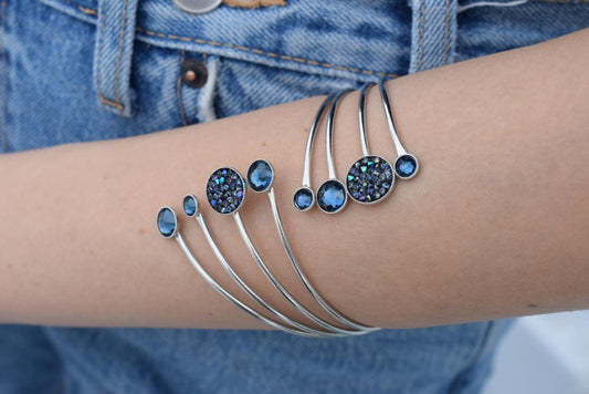 Handmade Seleni bracelet, Greek hammered jewelry in 18K gold or silver plated with multiple Swarovski crystal elements.