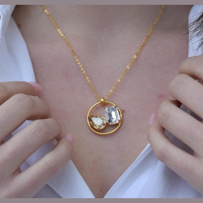 crysOkeanos 2 necklace with crystal Greek hammered jewelry 18K gold silver rose gold plated with emerald and sea blue crystaltal