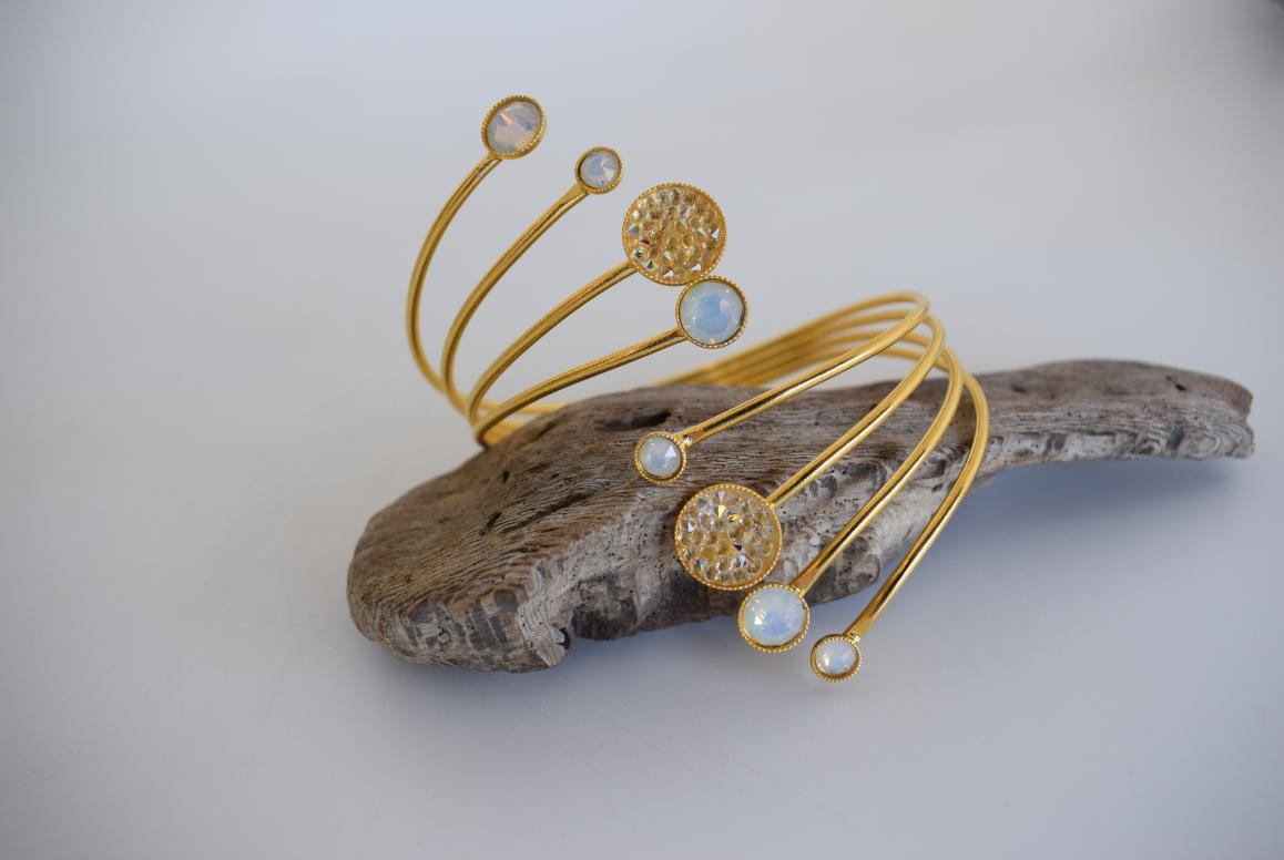 Handmade Seleni bracelet, Greek hammered jewelry in 18K gold or silver plated with multiple Swarovski crystal elements.