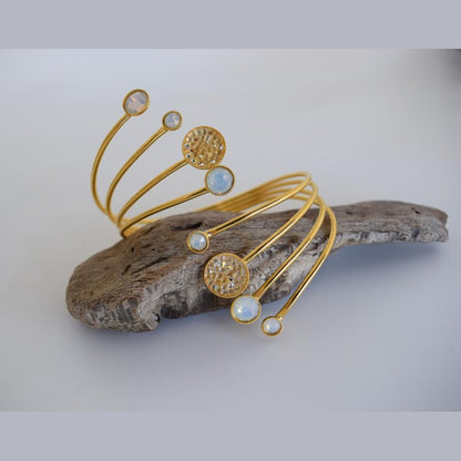 Handmade Seleni bracelet, Greek hammered jewelry in 18K gold or silver plated with multiple crystal elements.