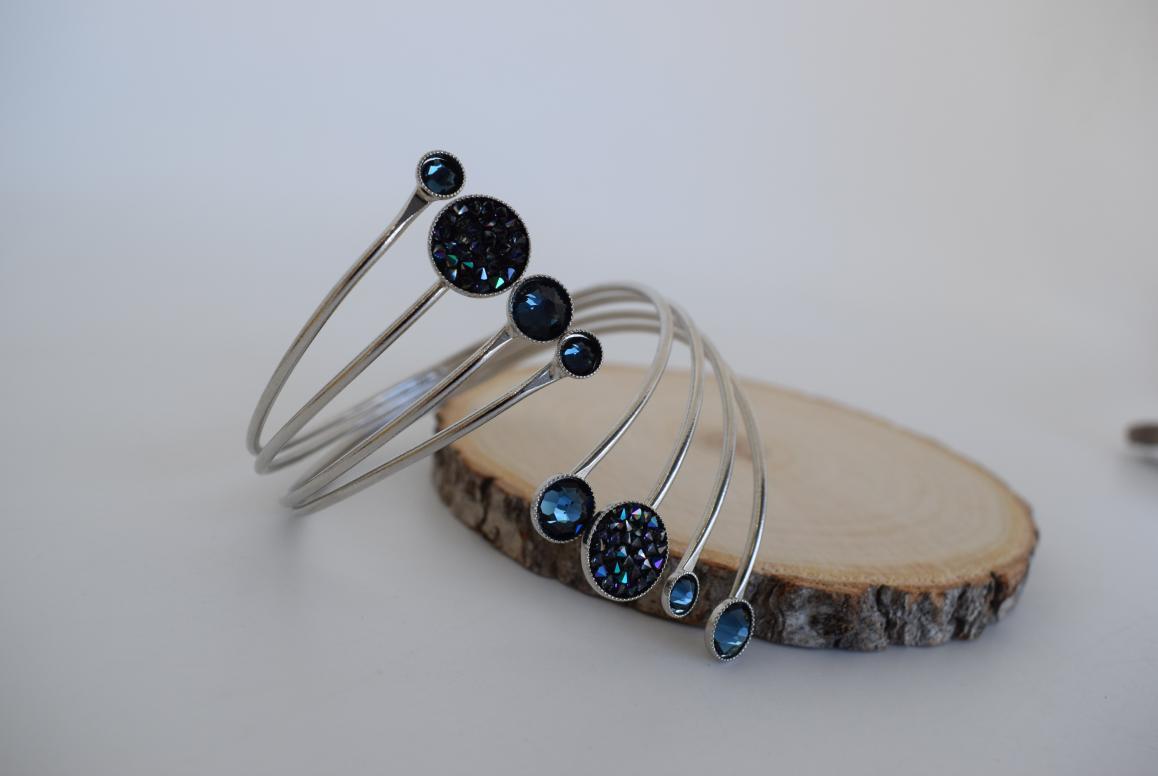 Handmade Seleni bracelet, Greek hammered jewelry in 18K gold or silver plated with multiple Swarovski crystal elements.