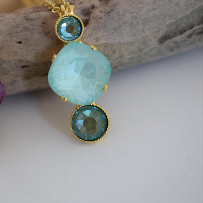 Orion necklace Greek hammered jewelry 18K gold plated with aqua and blue crystals inspired by constellation