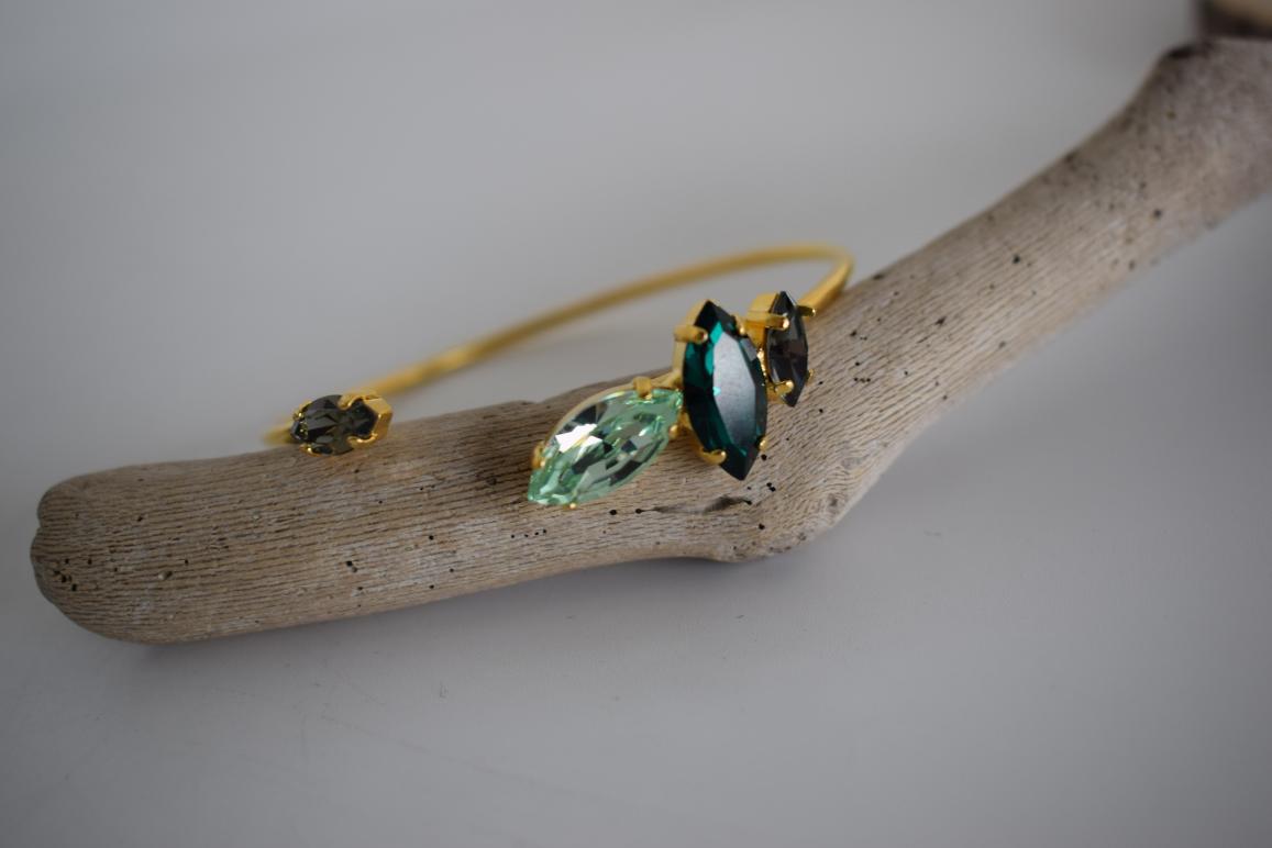 Helike bracelet, handmade Greek hammered jewelry with marquise Swarovski crystals in blue or champagne, 18K gold plated open cuff.