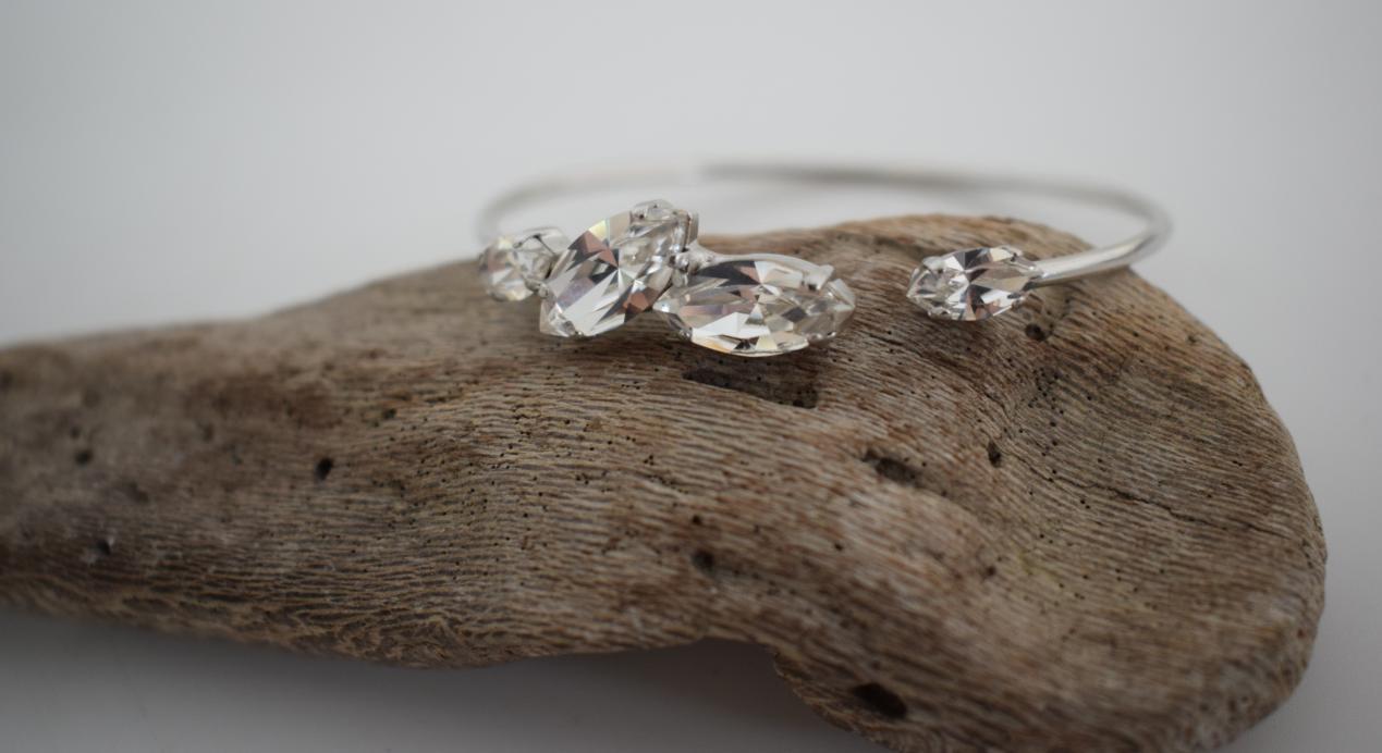 Helike bracelet, handmade Greek hammered jewelry with marquise Swarovski crystals in blue or champagne, 18K gold plated open cuff.