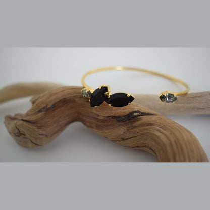 Helike bracelet, handmade Greek hammered jewelry with marquise  crystals in blue or champagne, 18K gold plated open cuff.