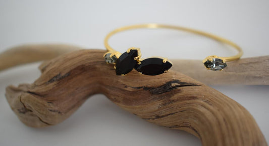 Helike bracelet, handmade Greek hammered jewelry with marquise Swarovski crystals in blue or champagne, 18K gold plated open cuff.