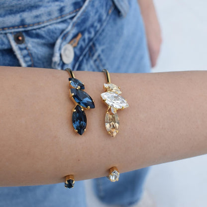Helike bracelet, handmade Greek hammered jewelry with marquise  crystals in blue or champagne, 18K gold plated open cuff.