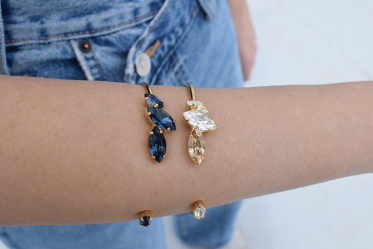 Helike bracelet, handmade Greek hammered jewelry with marquise Swarovski crystals in blue or champagne, 18K gold plated open cuff.