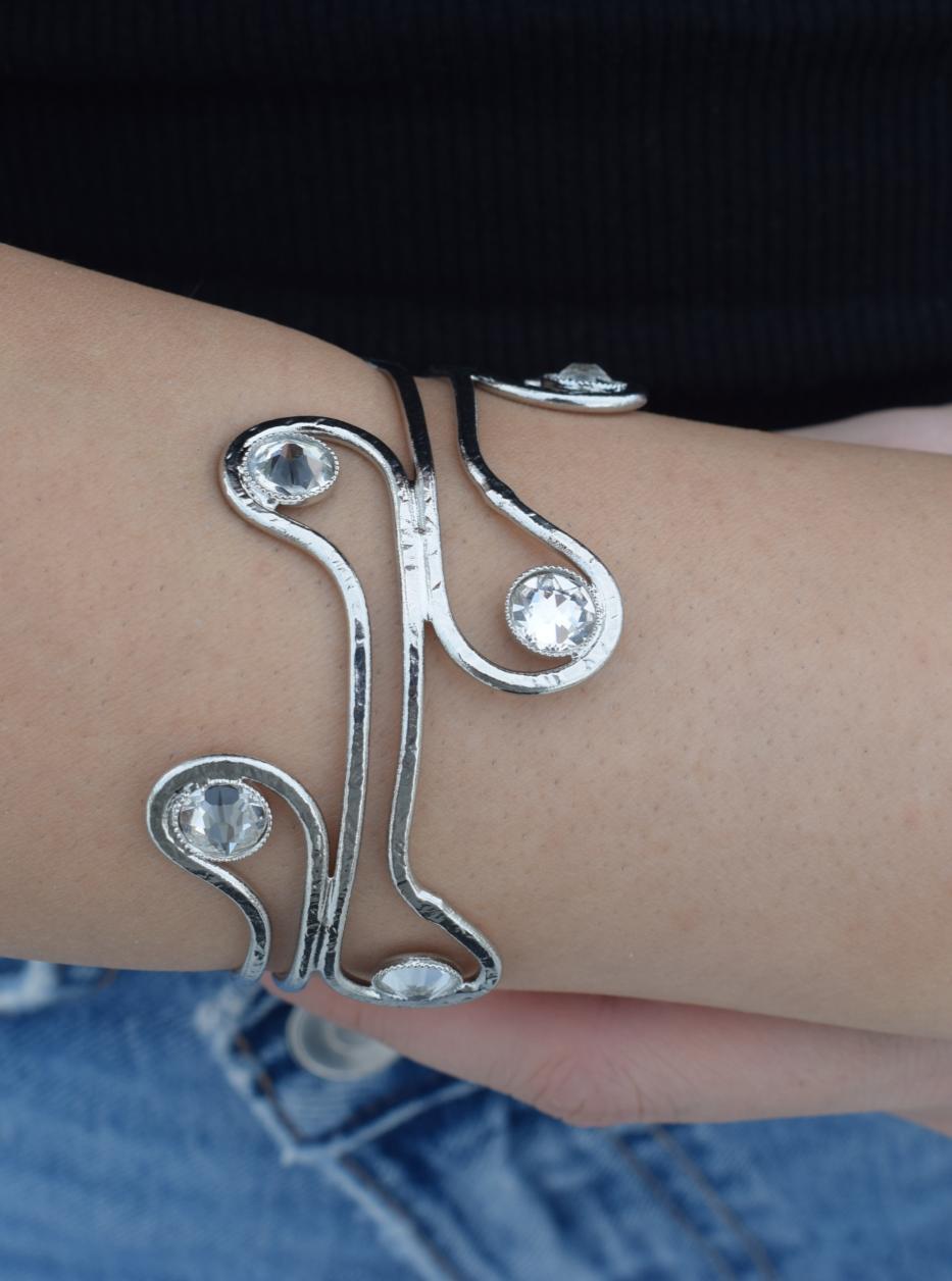 Epidavros Bracelet with Swarovski crystals, handmade Greek hammered jewelry, available in 18K gold or silver plated.