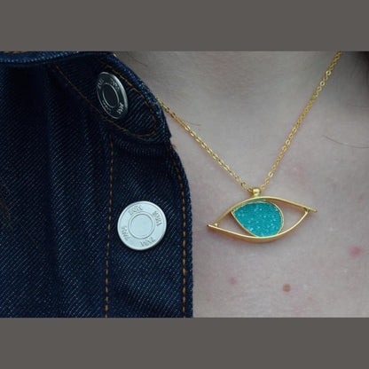 Eye necklace with hammered eye design and stones. Greek hammered jewelry in 18K gold, silver 