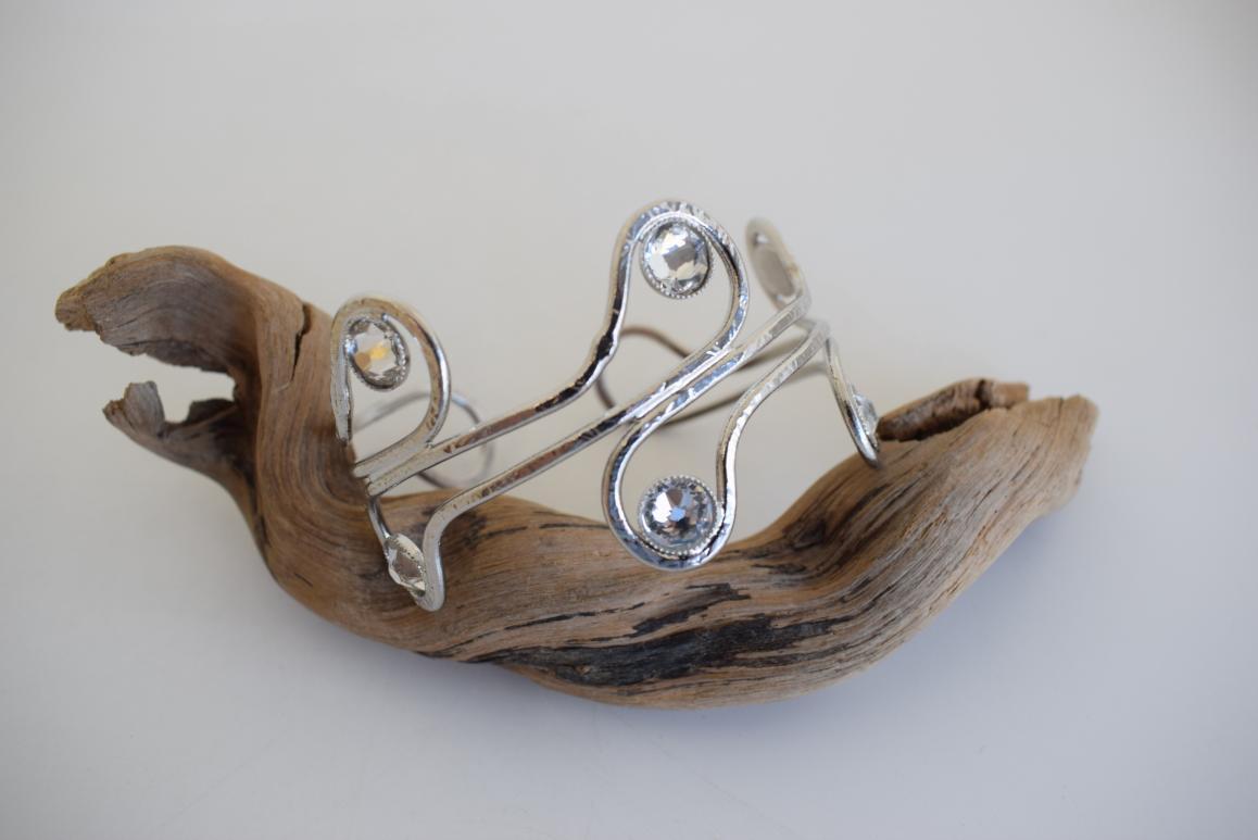 Epidavros Bracelet with Swarovski crystals, handmade Greek hammered jewelry, available in 18K gold or silver plated.