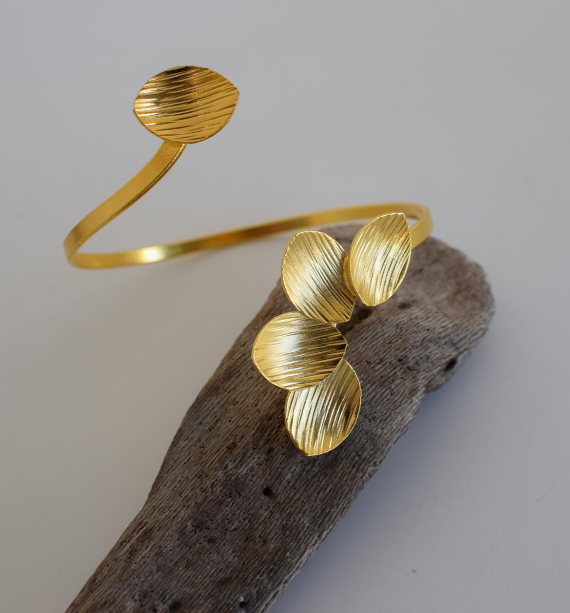 Anemone Bracelet, handmade Greek hammered jewelry, available in 18K gold or silver plated.