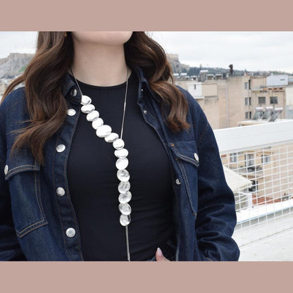 Selini long necklace – Greek hammered jewelry – 18K gold or silver plated, also available in rose gold, hammered moon phases design