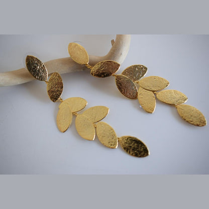 Phylion2 Earrings – Handmade Greek Hammered Jewelry in gold or silver plated with cascading leaf design inspired by olive and laurel crowns.