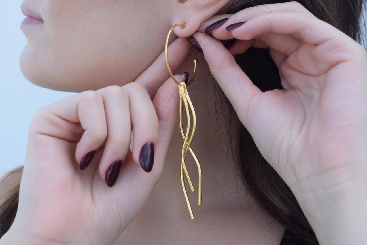 Delphi earrings, handmade Greek hammered jewelry, available in 18K gold or silver plated.