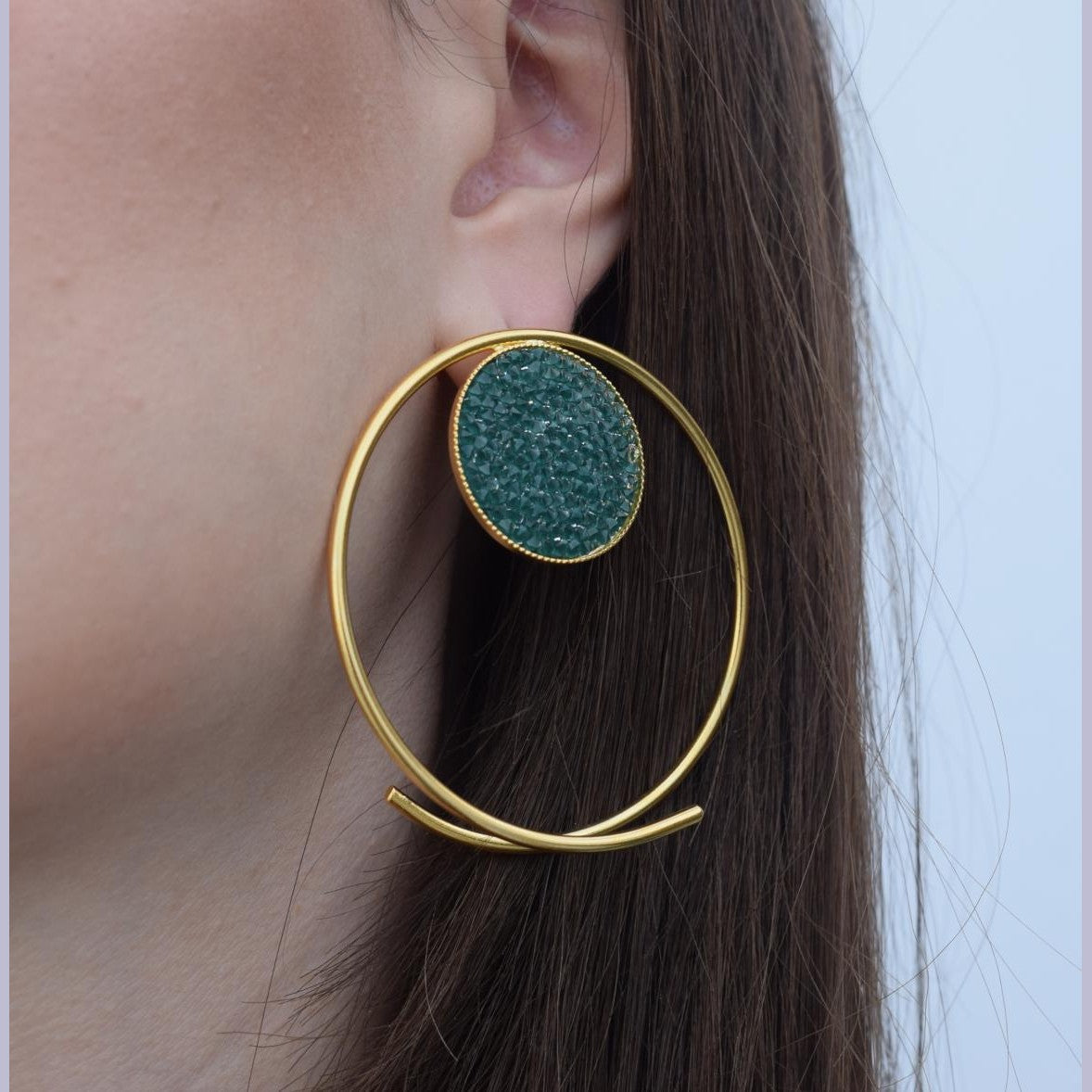 Galaxia earrings with Swarovski crystals, handmade Greek hammered jewelry, available in 18K gold or silver plated.