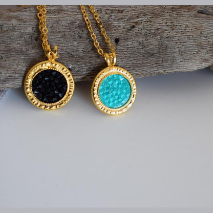 Seleni 2 necklace Greek hammered jewelry 18K gold silver rose gold plated with crystals black turquoise
