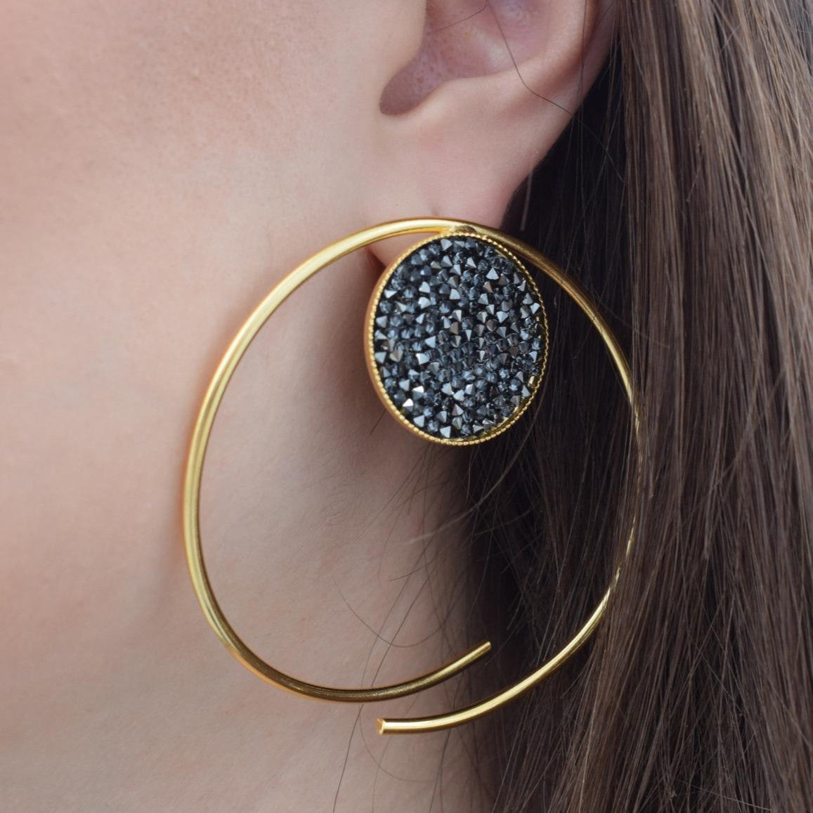 Galaxia earrings with Swarovski crystals, handmade Greek hammered jewelry, available in 18K gold or silver plated.